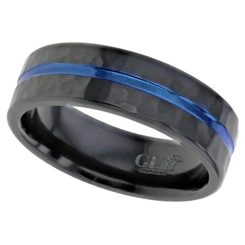 Zirconium Ring with Electro Anodised Blue Groove and a Hammered Textured Top